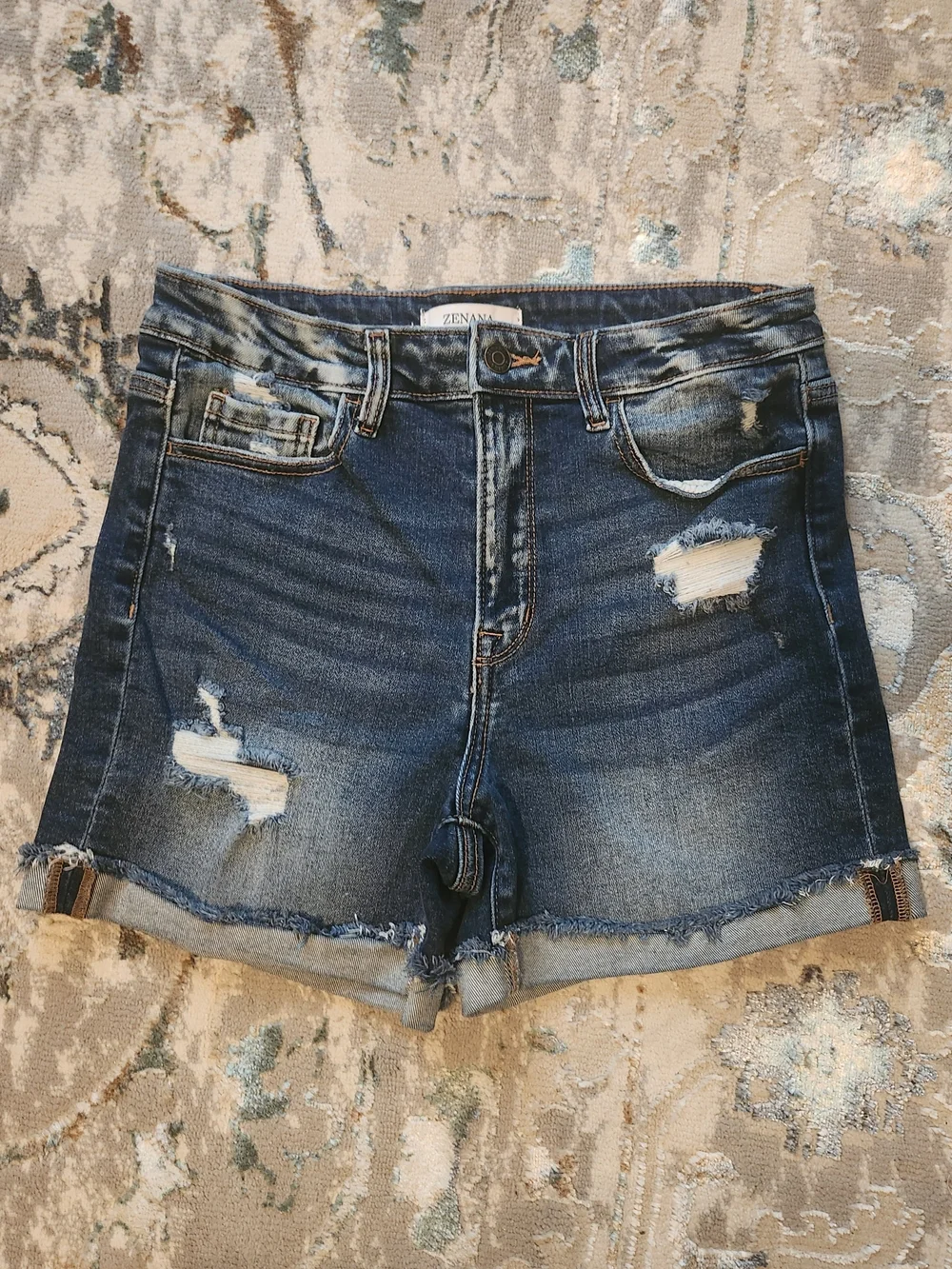 Zenana Outfitters Dark Blue Distressed Denim Cutoff Shorts